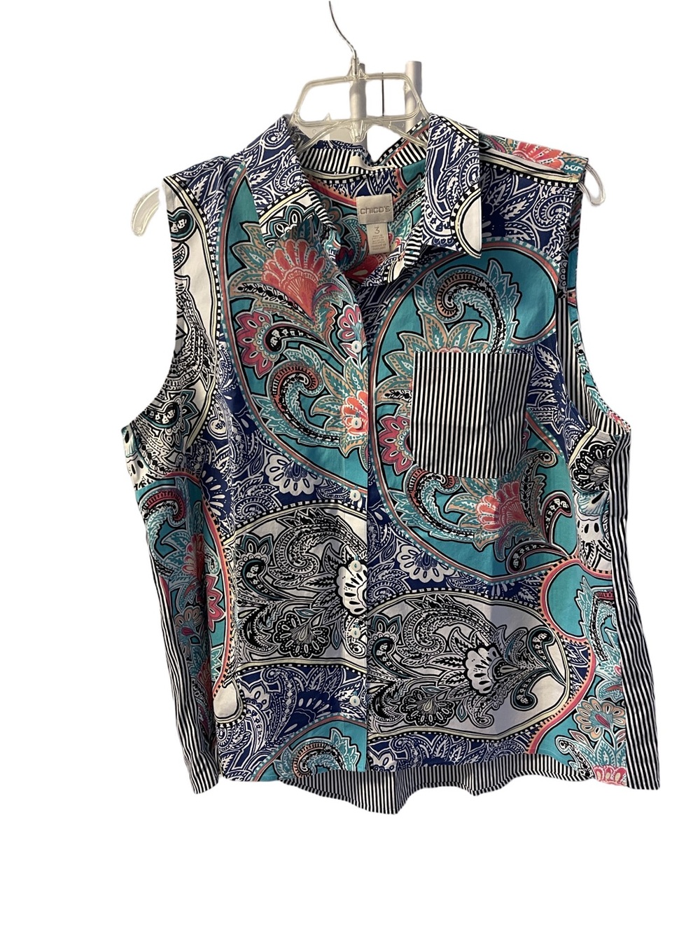 Chico’s Women’s Sleeveless Paisley Print Button-Up Blouse in Teal & Navy Sz XL